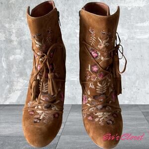 Sam Edelman Winnie Anchropologie Boots Suede-Leather Embroidered Floral 10 US